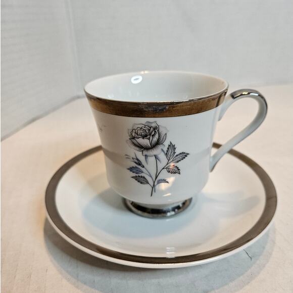 Teacup and Saucer Royal Song Fine China "Moonlight Rose" 1960's Black Gray Rose - Picture 1 of 10